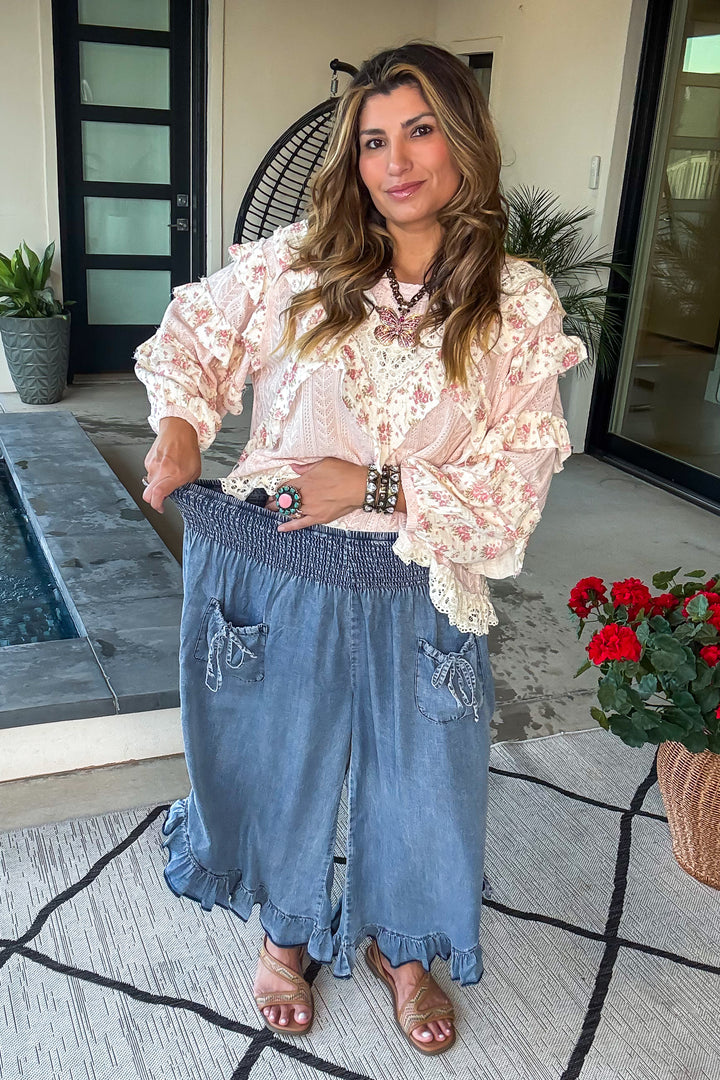Smocked Ruffle Hem Side Tie Chambray Pants - Denim