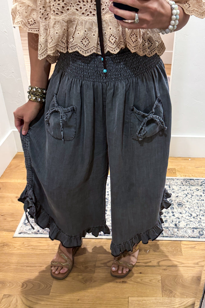 Smocked Ruffle Hem Side Tie Chambray Pants - Black Denim