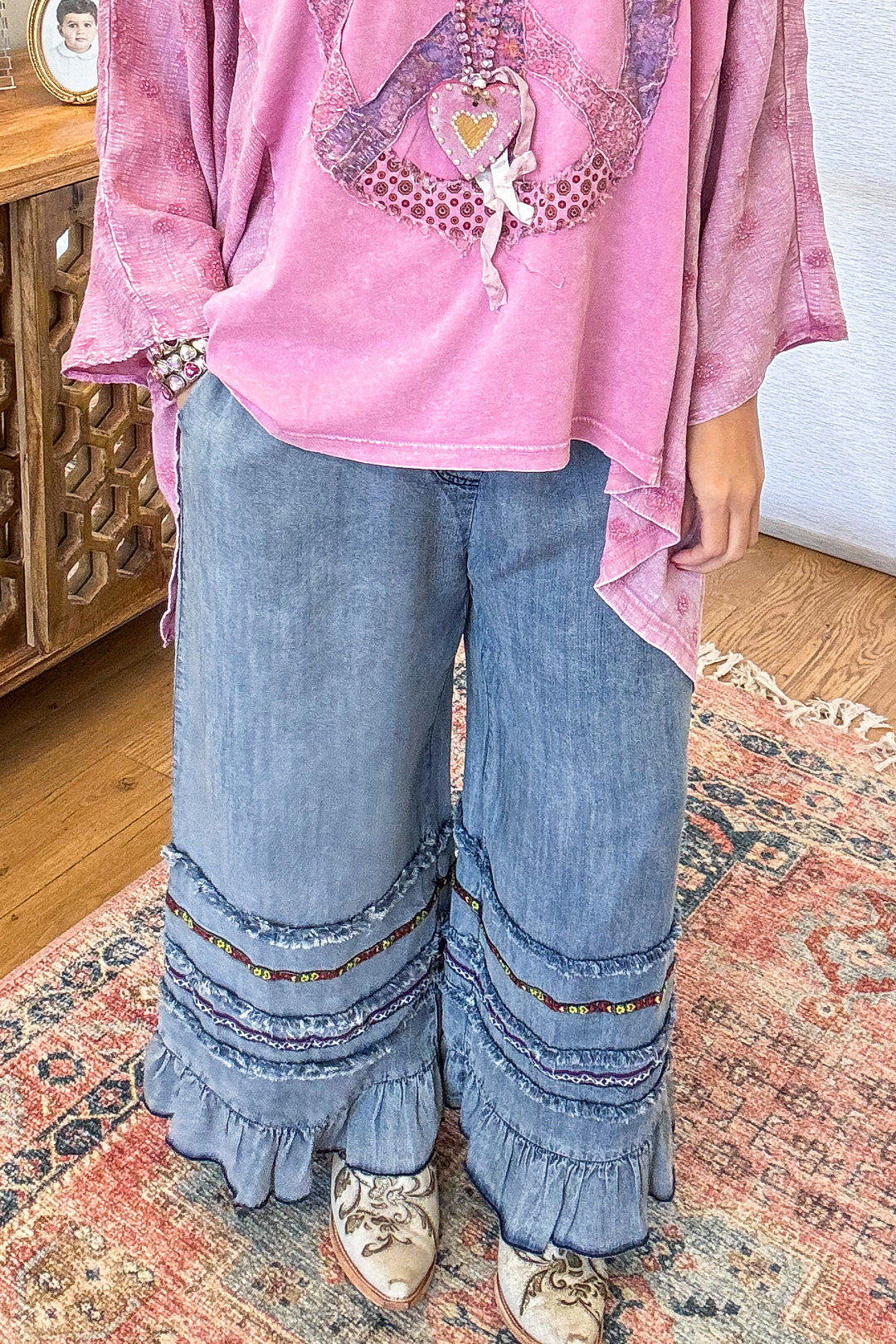 PRE ORDER: Frayed And Ruffled Denim Capris - Washed Denim