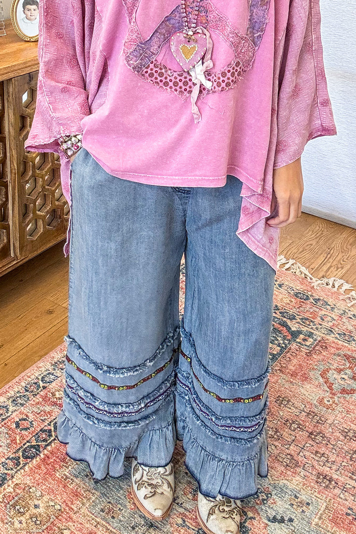 PRE ORDER: Frayed And Ruffled Denim Capris - Washed Denim