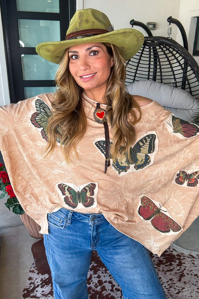 Butterfly Garden Oversized Top - Tan - 100% Cotton