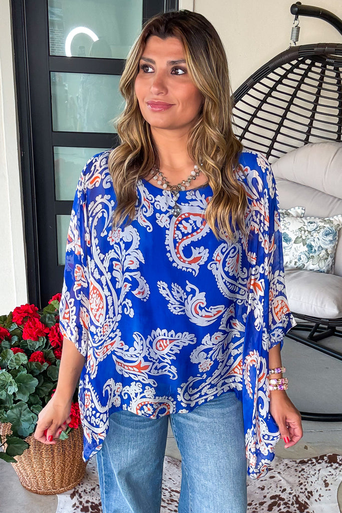 Paisley Palace Silk Top -  Blue - Made in Italy
