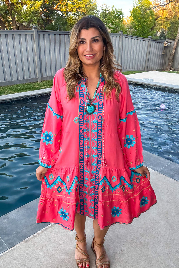 Wondering Around Town Midi Dress - Pink - 100% Cotton