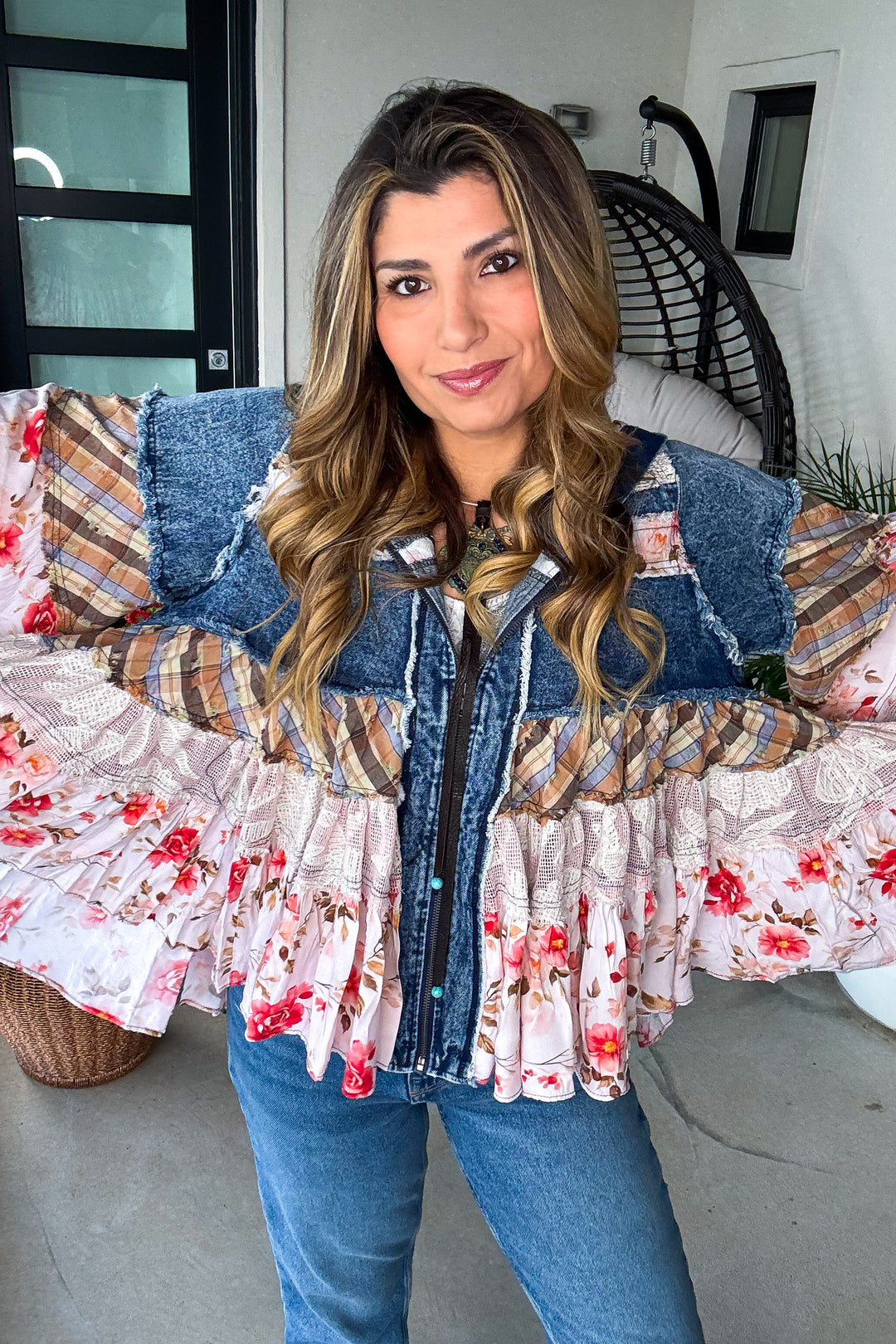 Laced In Denim Hooded Jacket - 100% Cotton - Denim Floral