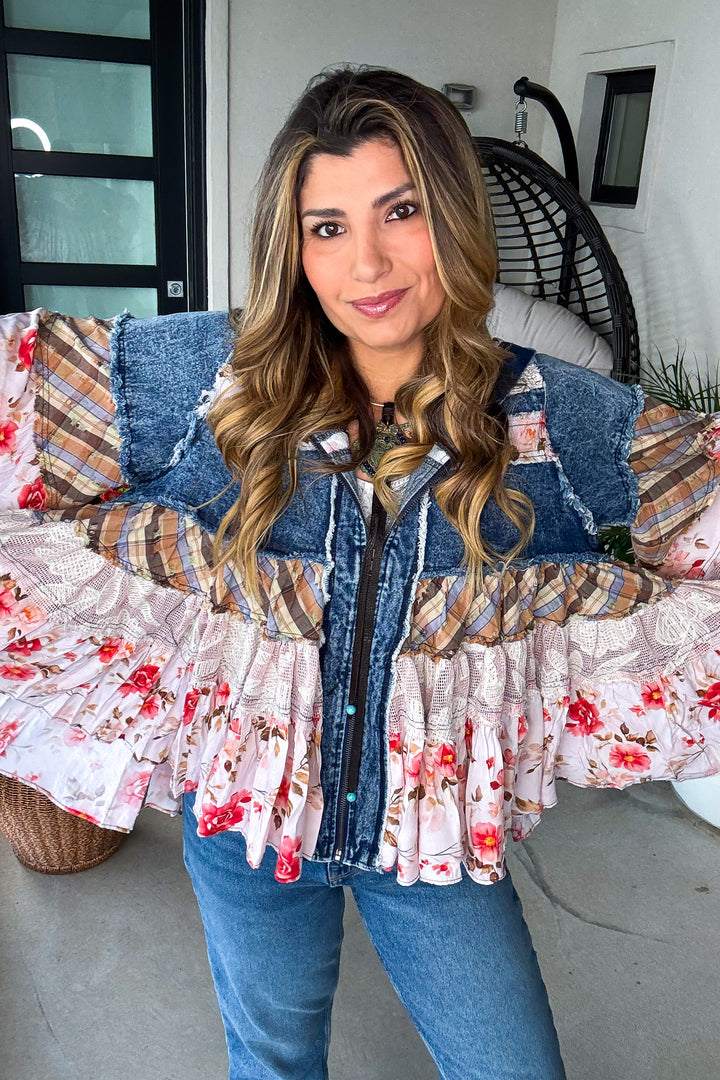 Laced In Denim Hooded Jacket - 100% Cotton - Denim Floral