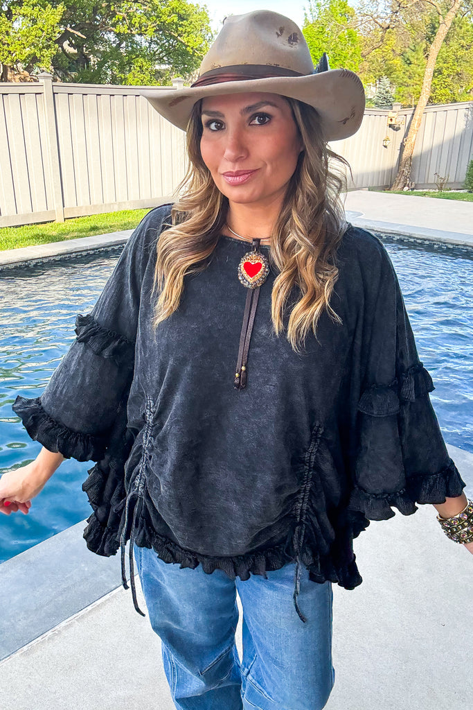 Midnight Ruffles Cinch Top - 100% Cotton  - Black