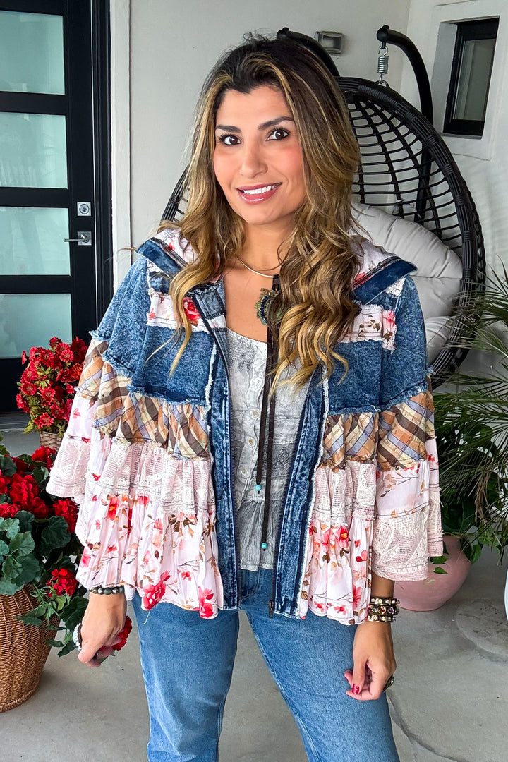 Laced In Denim Hooded Jacket - 100% Cotton - Denim Floral