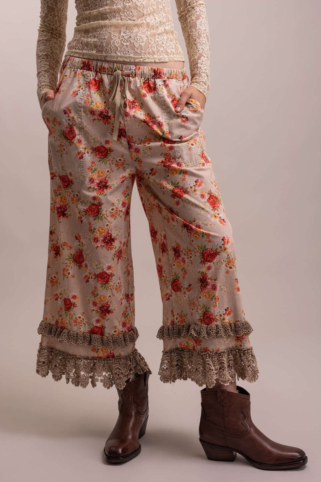 Floral Print Lace Trim Elastic Waist Bloomers