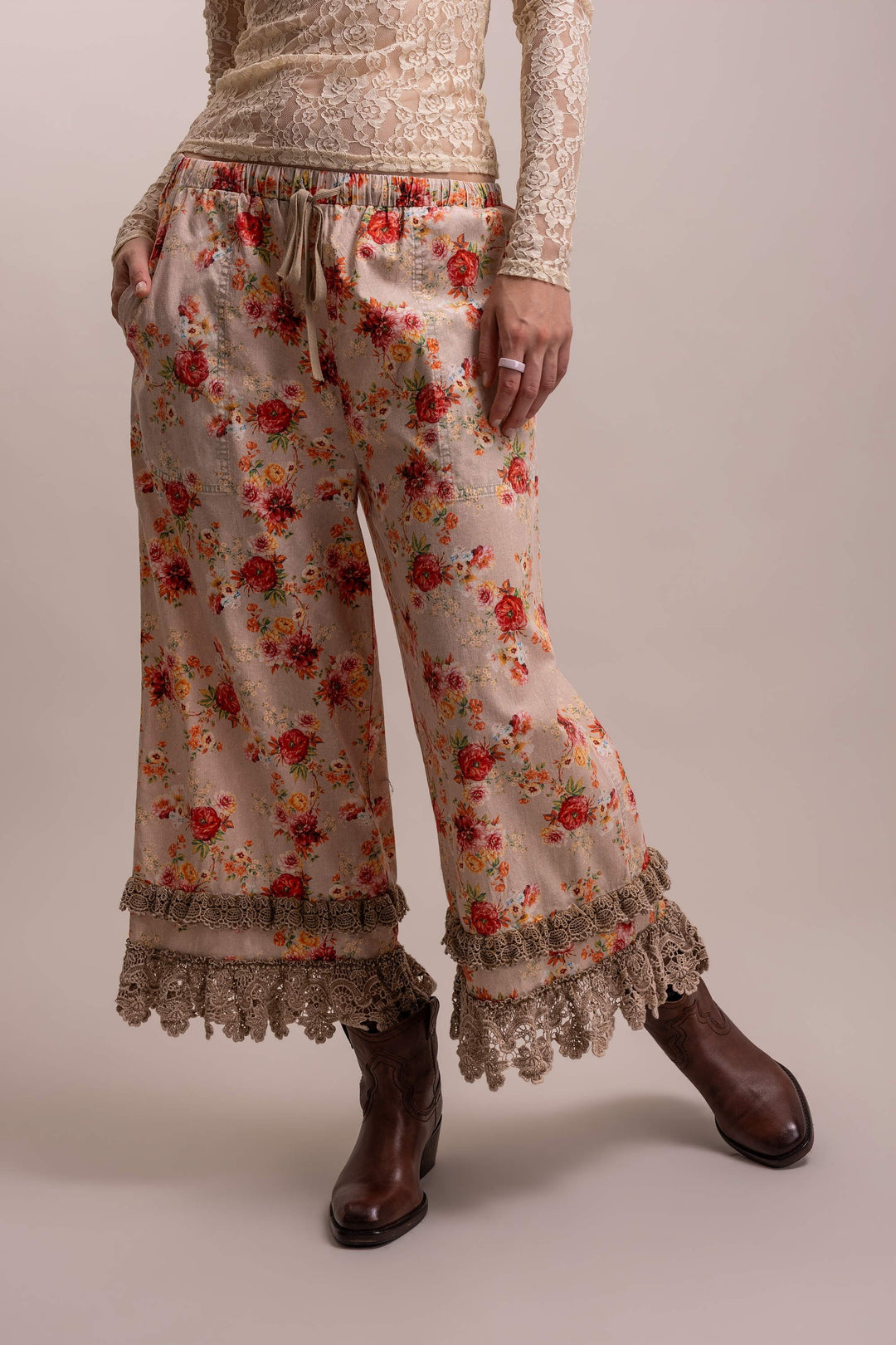 Floral Print Lace Trim Elastic Waist Bloomers
