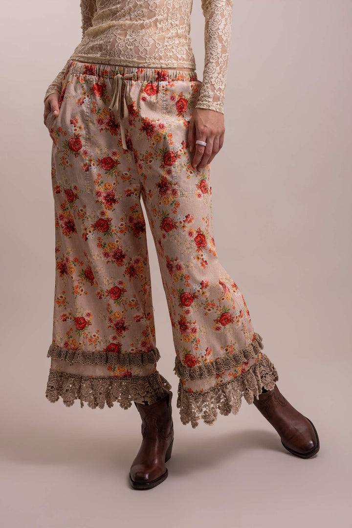 Floral Print Lace Trim Elastic Waist Bloomers