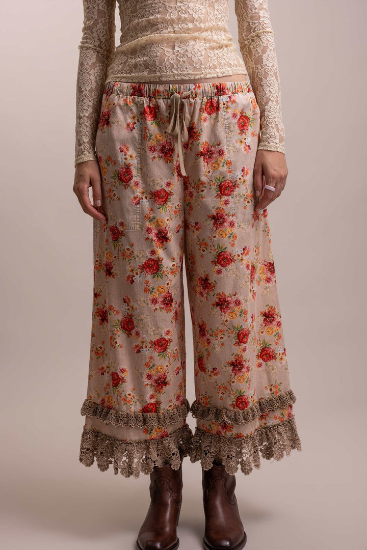 Floral Print Lace Trim Elastic Waist Bloomers