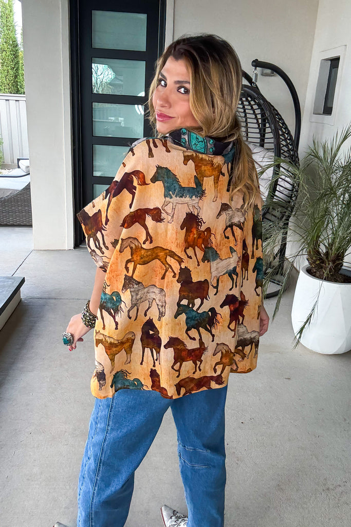 Concho Front Wild Horses Back Oversized Top Linen Feel - 100% Cotton