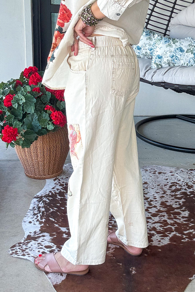 Garden Story Patch Elastic Waist Jeans - 100% Cotton - Cream