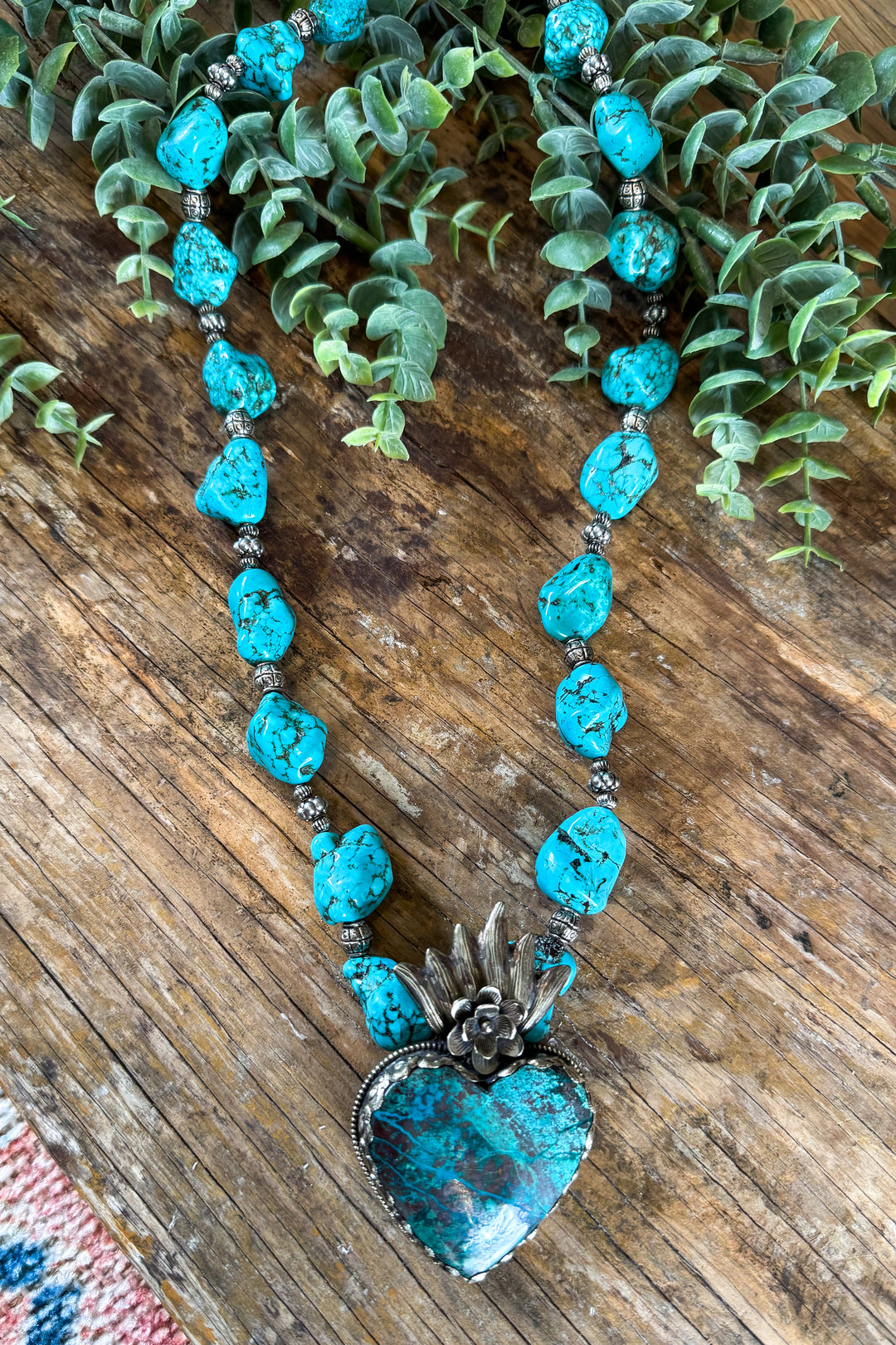 Turquoise Heart and Turquoise Pebble Necklace - German Silver