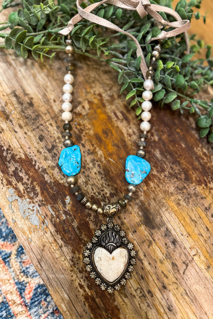 Bone Heart Necklace with Freshwater Pearls &amp; Silver-Plated and Turquoise Pebbles Necklace
