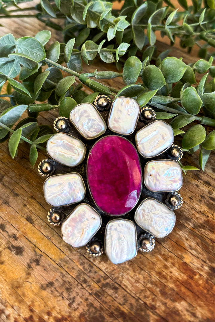 Pink Ruby and Fresh Water Pearl Silver Plated Ring