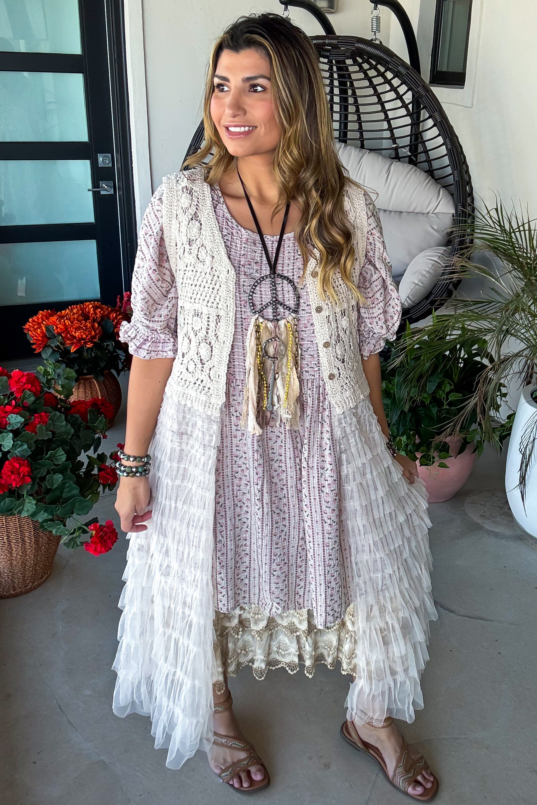 ワンピース KILIG long tulle vest Crochet & Tulle Ruffle Duster Vest - Natural - 100% Cotton – Angel