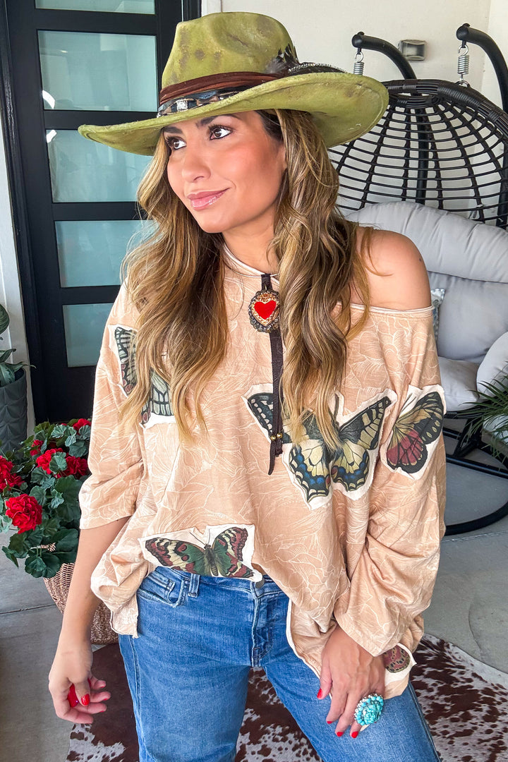 Butterfly Garden Oversized Top - Tan - 100% Cotton