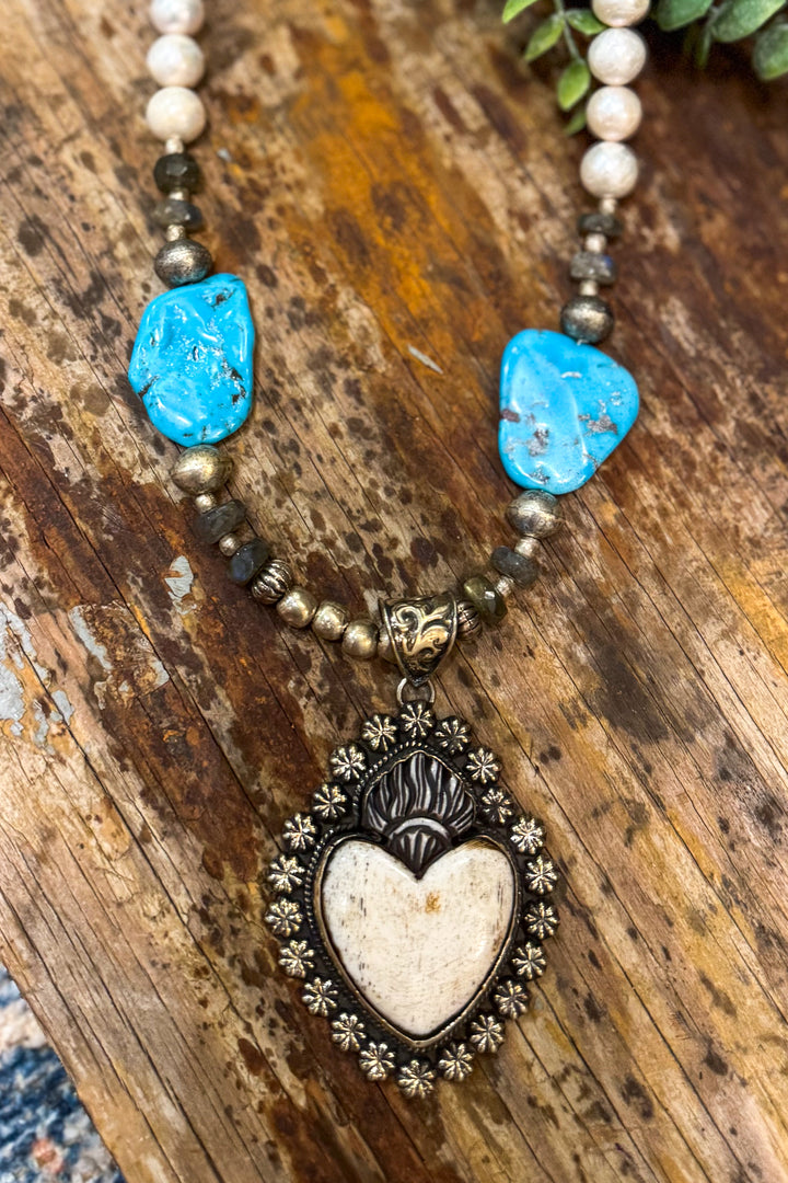 Bone Heart Necklace with Freshwater Pearls &amp; Silver-Plated and Turquoise Pebbles Necklace
