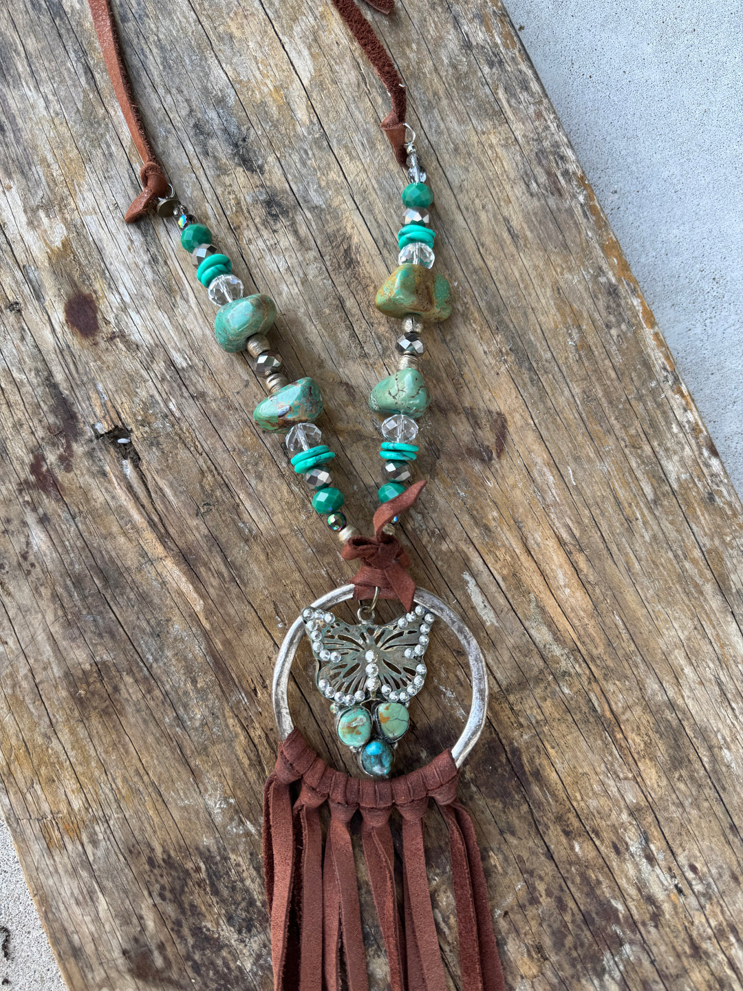 Real Turquoise Pebble with Suede Silver Plated Necklace