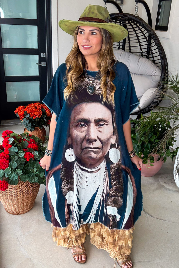 Chief Joseph Oversized Linen Feeling Dress/Tunic - 100% Cotton - Blue