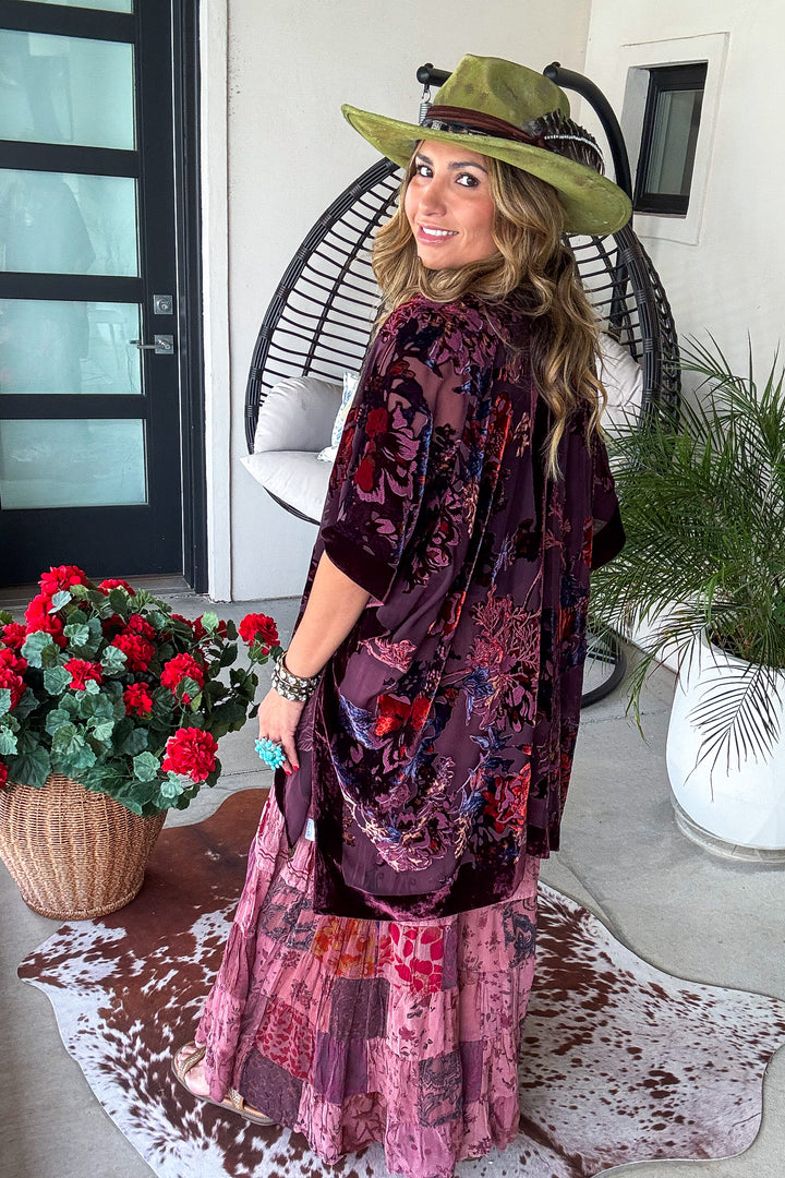 True Burnout Velvet Masterpiece Kimono - Burgundy