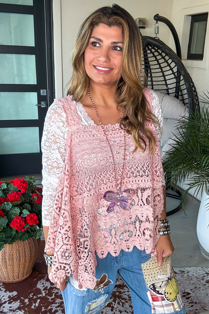 PRE ORDER: Whispering Details Lace Tank - 100% Cotton - Made in USA - Pink
