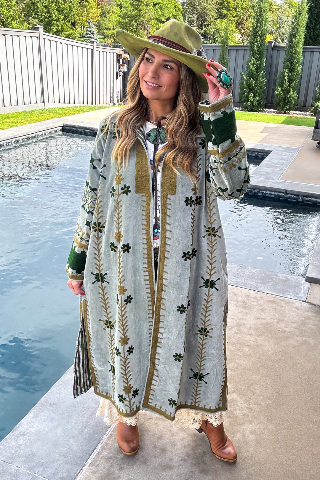 Velvet Green Embroidered Jacket - 100% Cotton