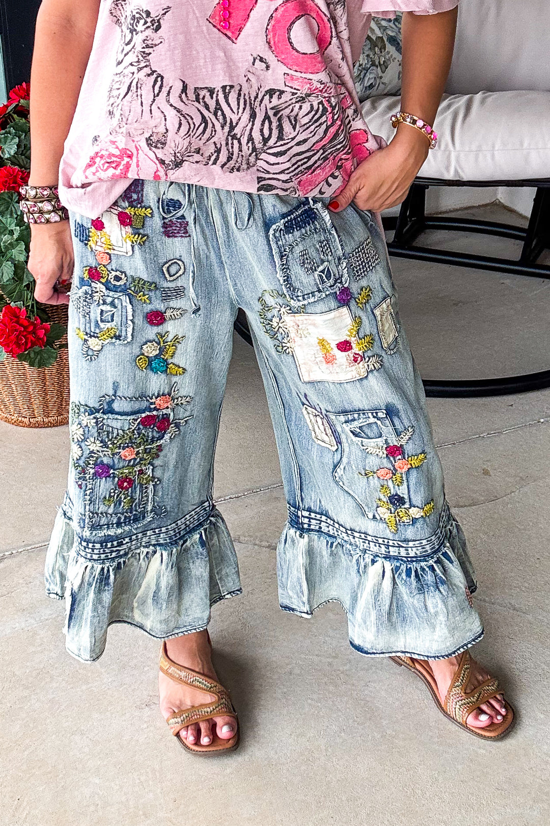 Embroidered Romance Pants - Denim