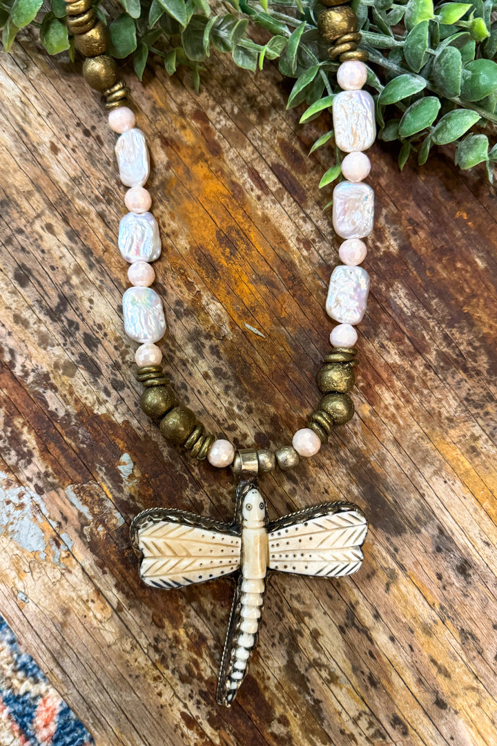Carved Bone Dragonfly Freshwater Pearl Necklace