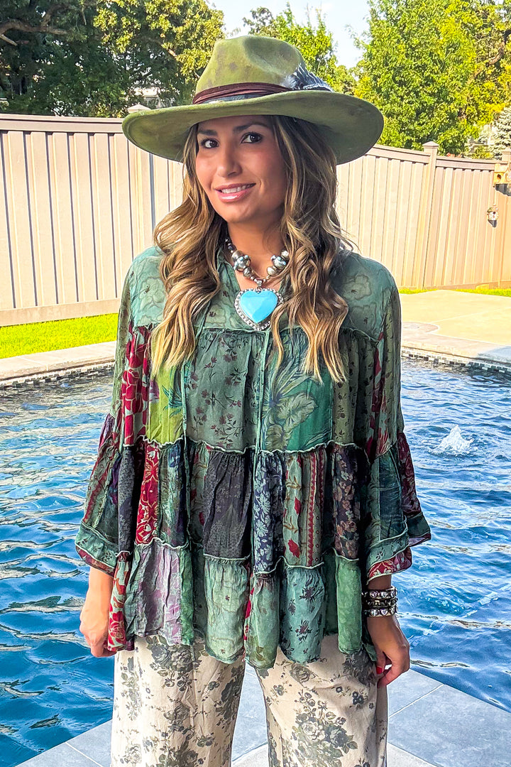 Autumn Bliss Sheer Blouse - Basil