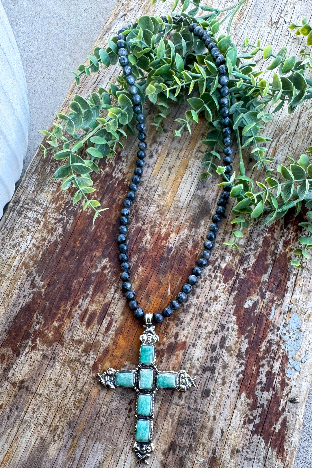 Amazonite Cross Gemstone Silver Plated - Black Labradorite Pebbles - Jaded Gypsy