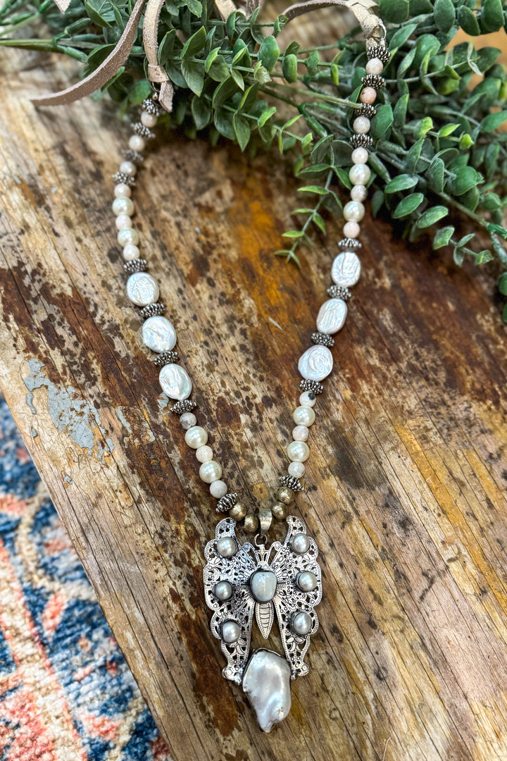 Silver Butterfly Baroque Pearl and Freshwater Pearl and Coin Necklace
