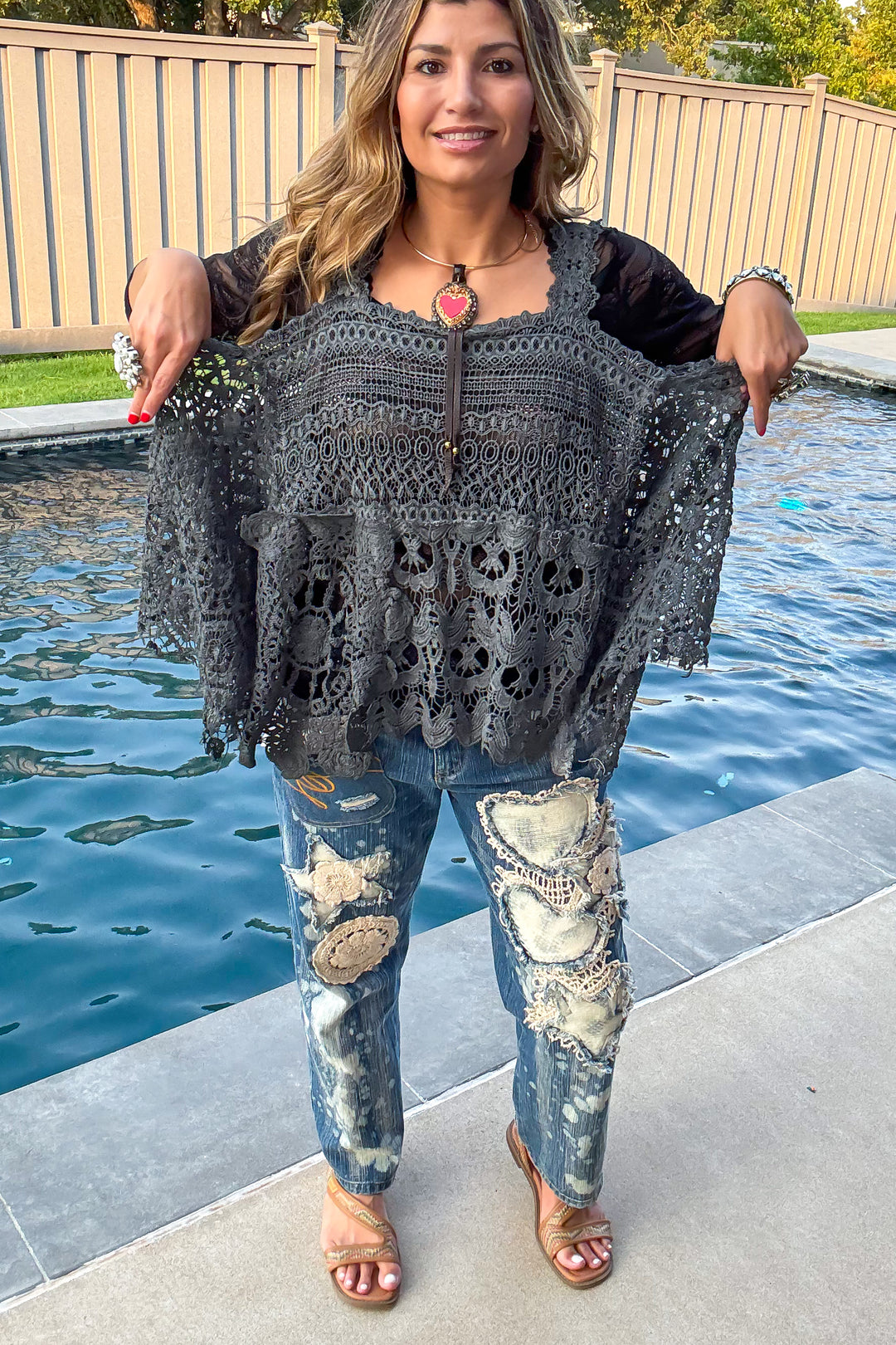 Whispering Details Lace Tank - 100% Cotton - Made in USA - Charcoal