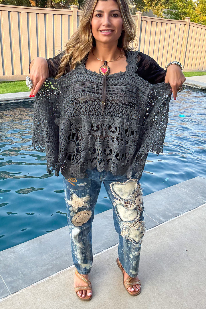 Whispering Details Lace Tank - 100% Cotton - Made in USA - Charcoal