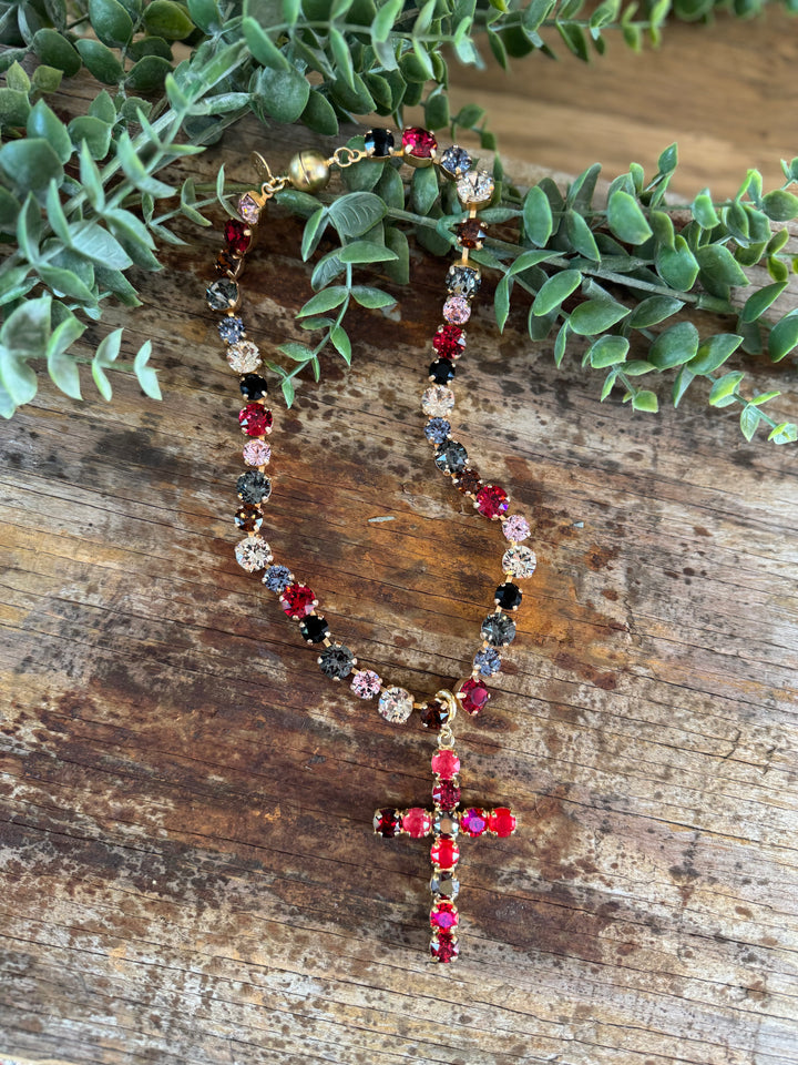 WAFA Austrian Crystal Cross Necklace - Red Mix