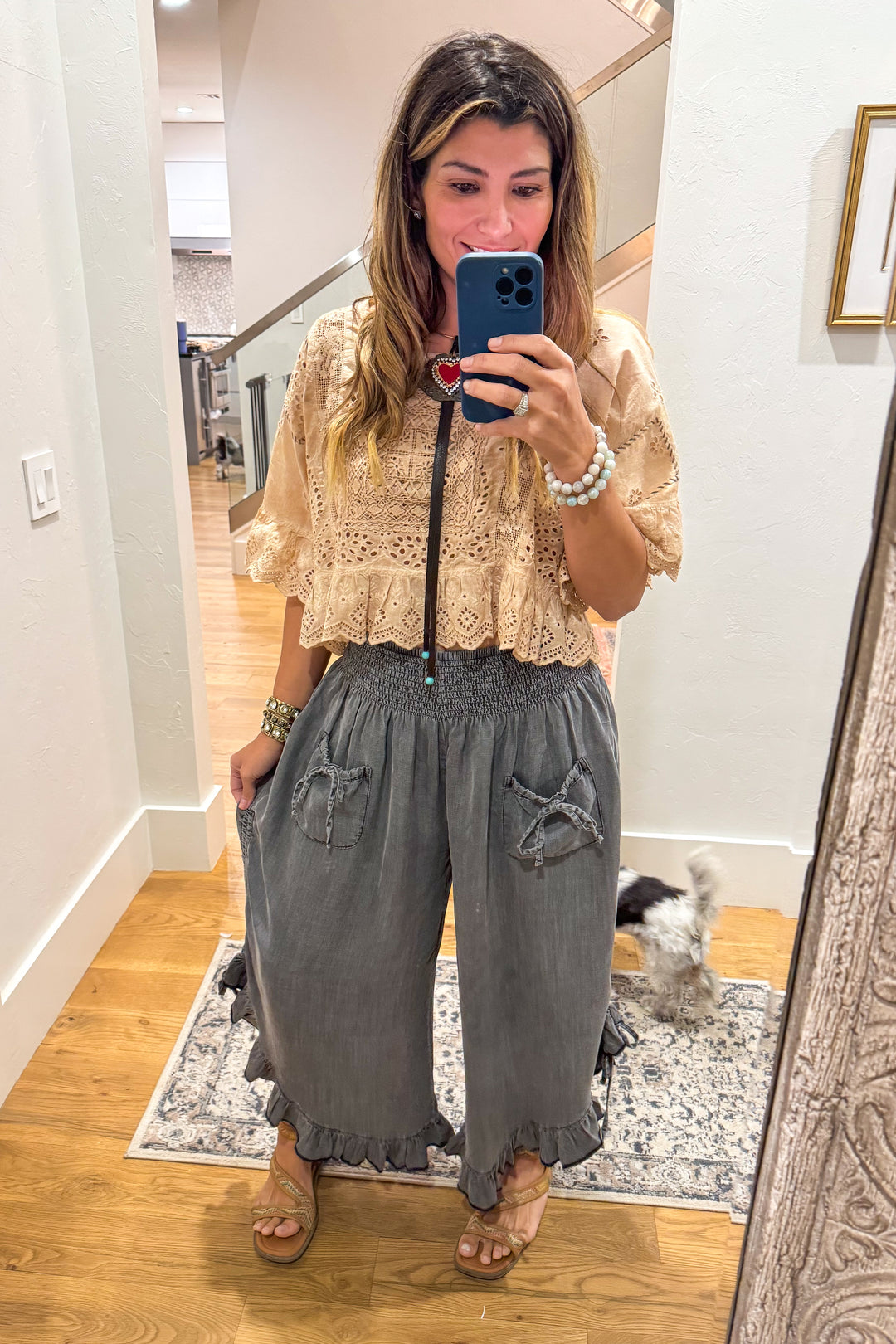 Smocked Ruffle Hem Side Tie Chambray Pants - Black Denim