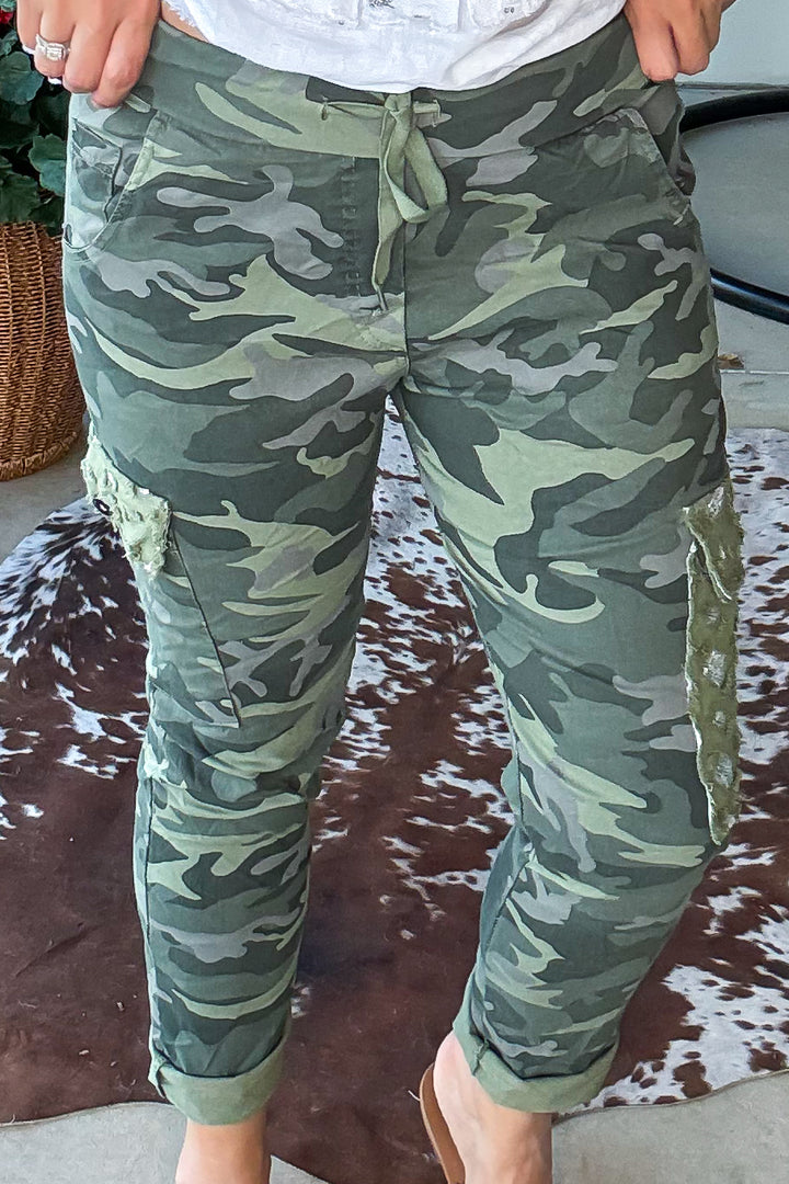 Made in Italy Scrunchy Stretch Cargo Jogger Pants – Ultra Comfortable - Green Camo Sequin (Size 6 to 24)
