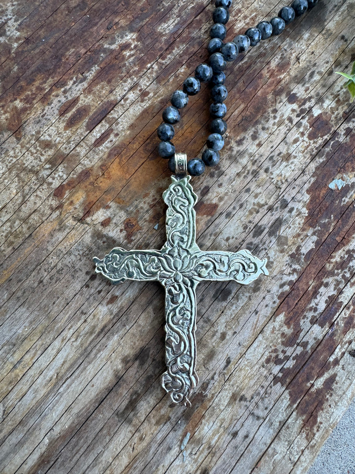 Amazonite Cross Gemstone Silver Plated - Black Labradorite Pebbles - Jaded Gypsy