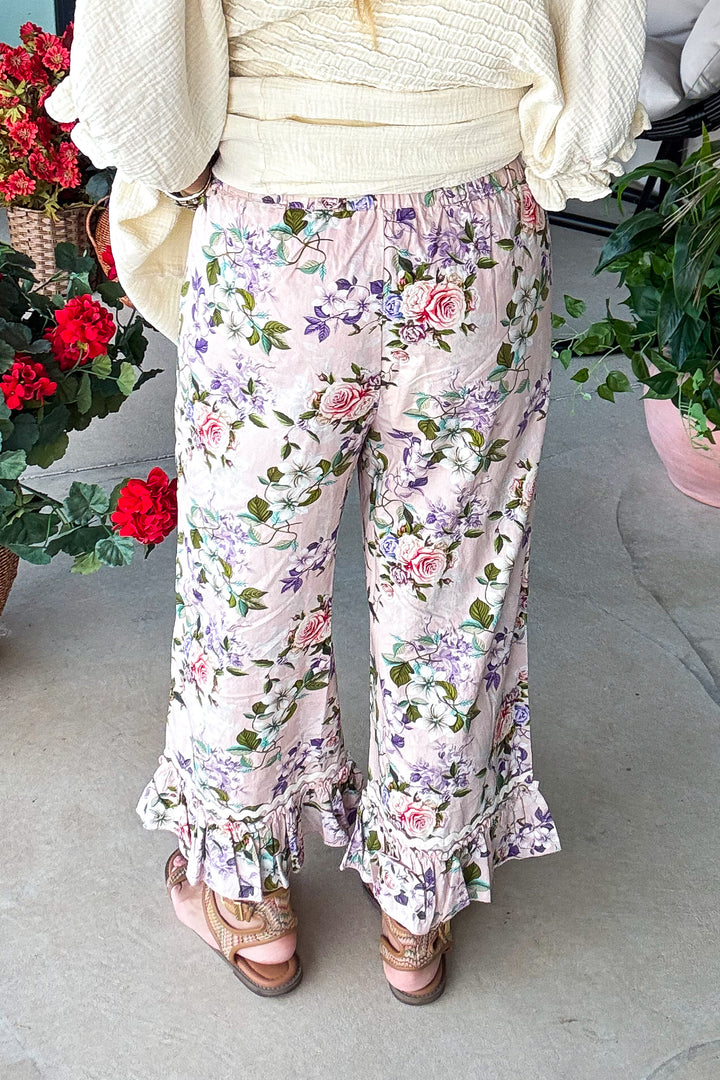 Floral Symphony Capris - 100% Cotton - Pale Rose
