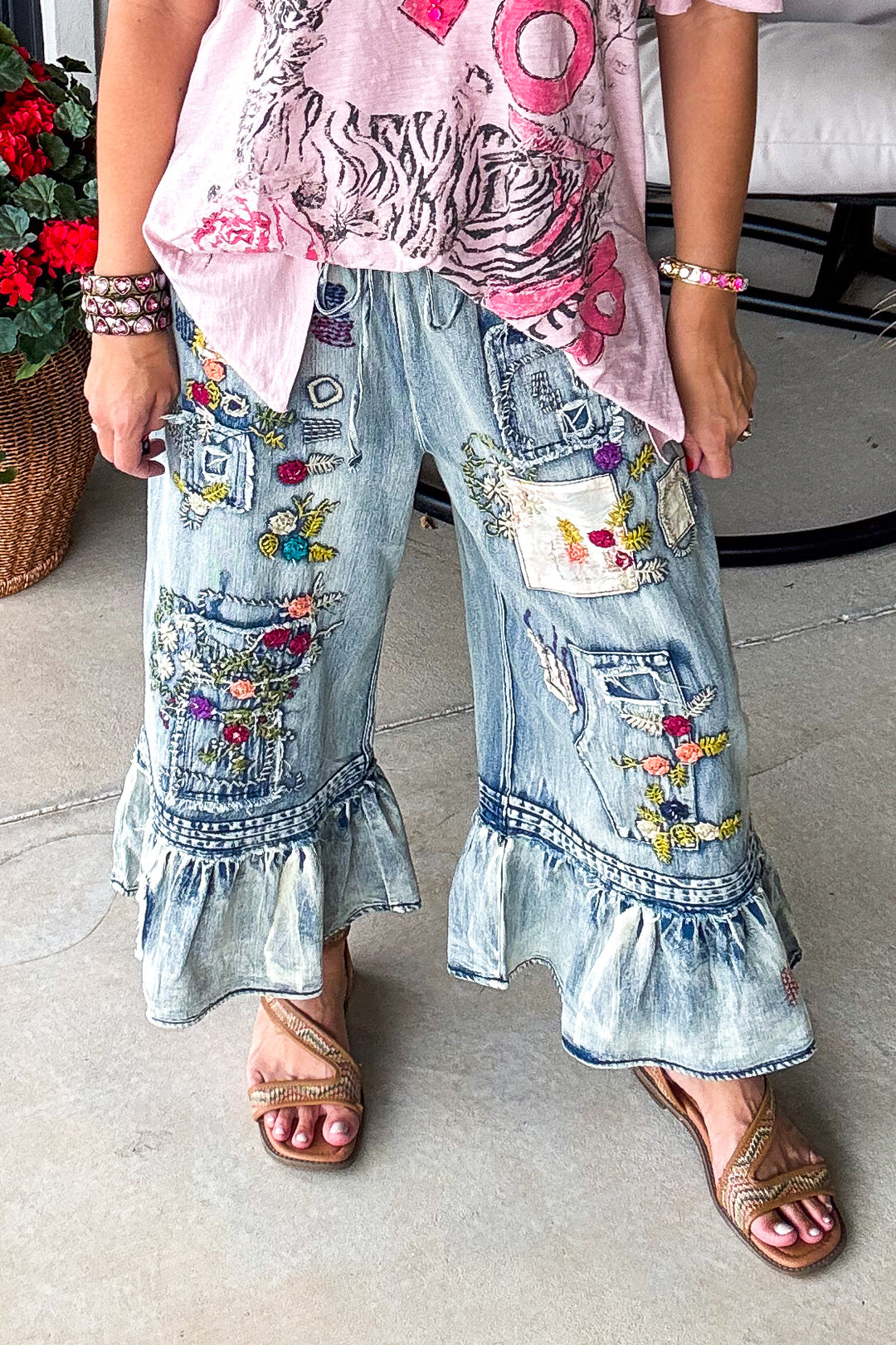 Embroidered Romance Pants - Denim