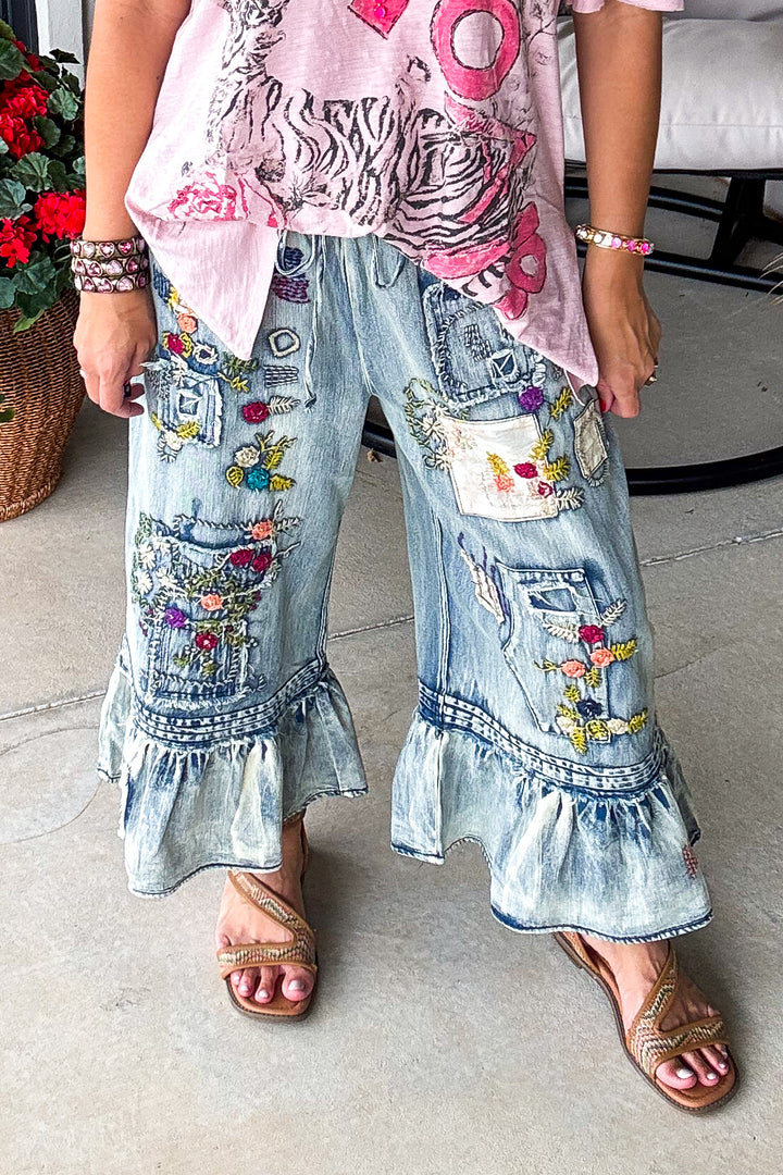 Embroidered Romance Pants - Denim