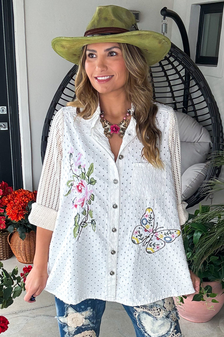 Butterfly and Roses Top - Off White - 100% Cotton