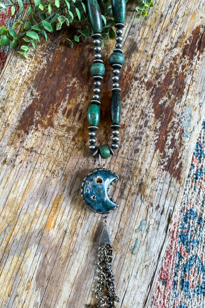 HANDMADE Russian Moss Agate Druzy Moon Necklace - Made in USA