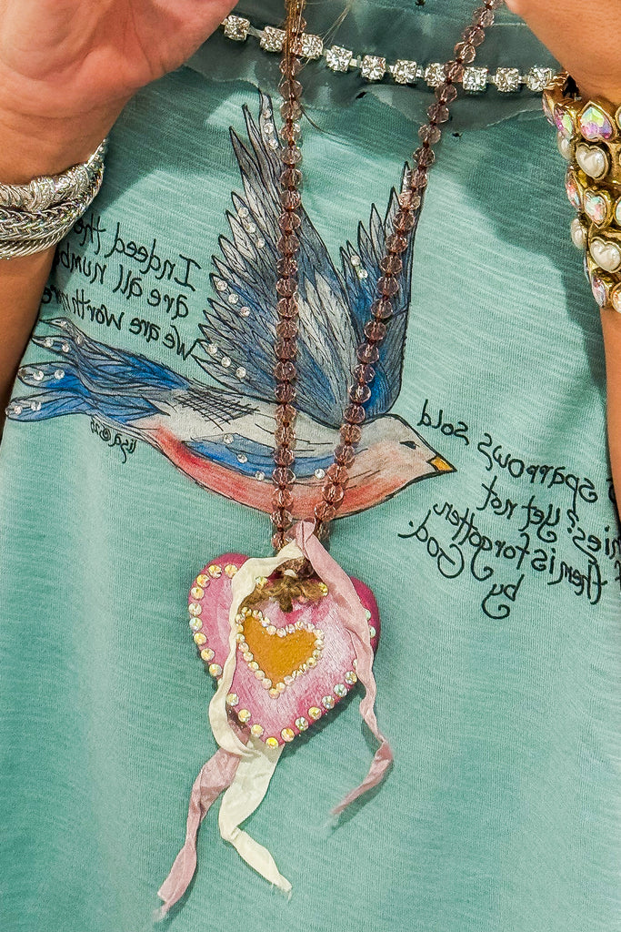 Hand Painted Rhinestone Wood Heart Pendant Necklace