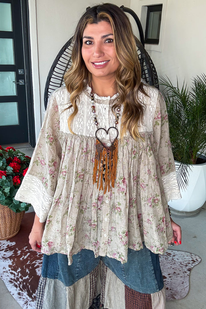 Wildflower Waltz Top - Taupe - Linen Cotton Blend