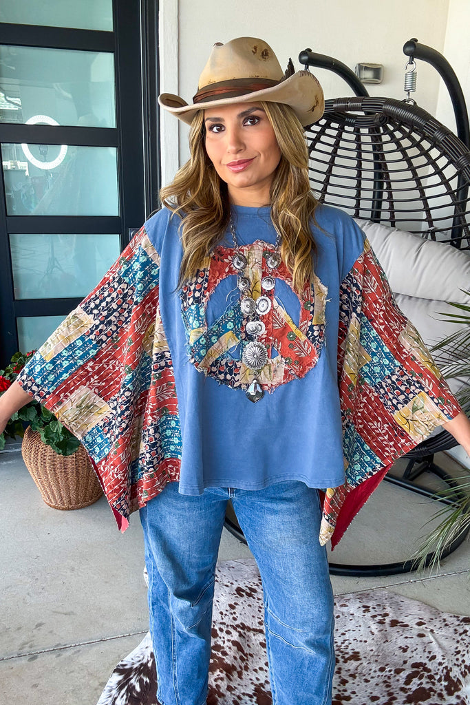 Peaceful Horizon Poncho Top  - 100% Cotton - Blue