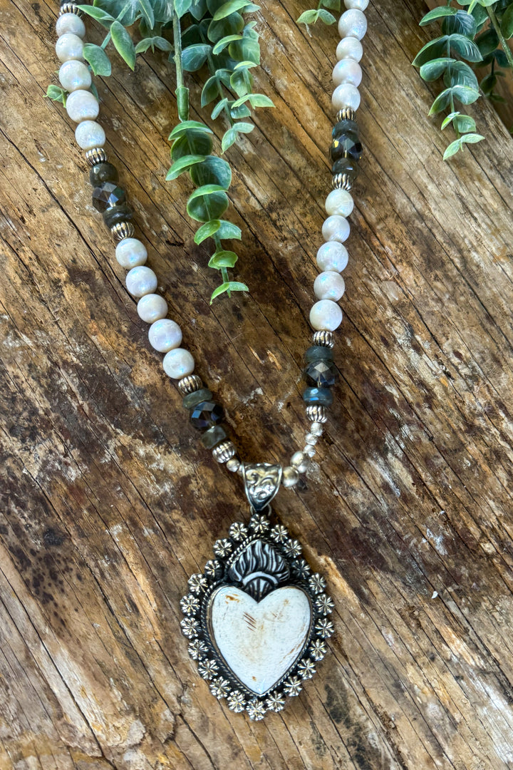 Bone Heart Necklace with Freshwater Pearls &amp; Silver-Plated