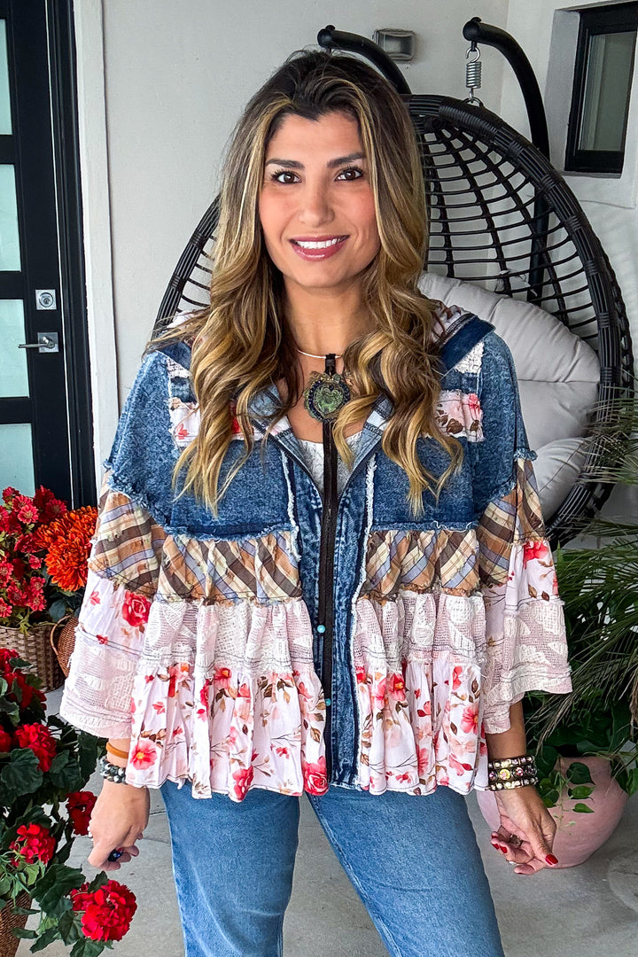 Laced In Denim Hooded Jacket - 100% Cotton - Denim Floral