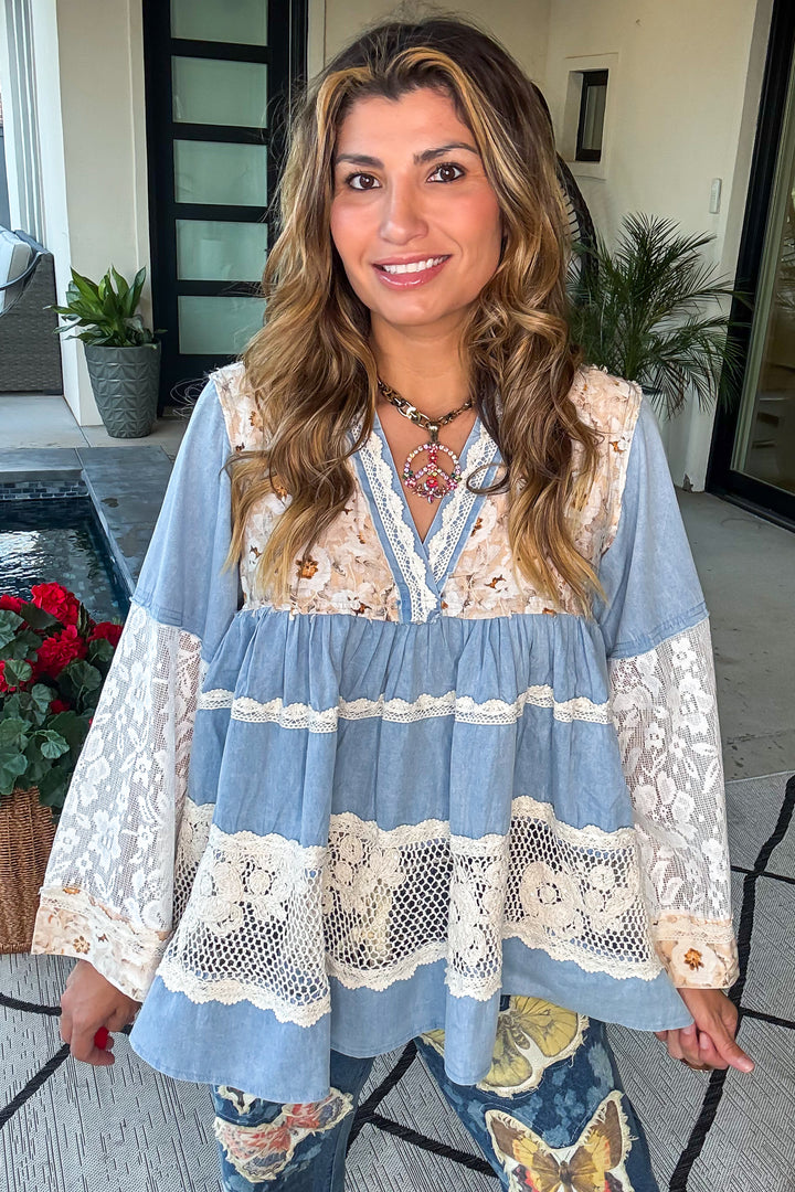 Rosewater Bloom Top - 100%Cotton - Denim
